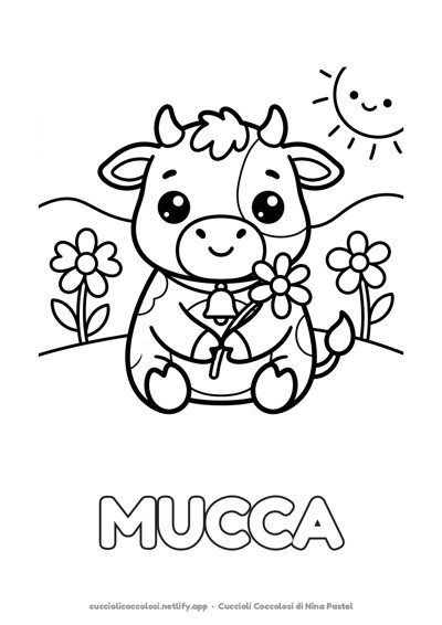 La mucca da colorare per bambini con la parola MUCCA