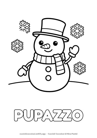 Il pupazzo di neve da colorare per bambini con la parola PUPAZZO