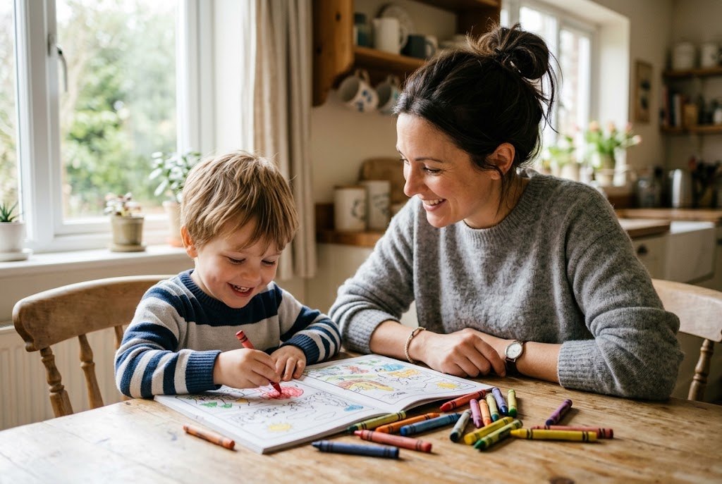 Una mamma e il suo bambino colorano insieme al tavolo della cucina