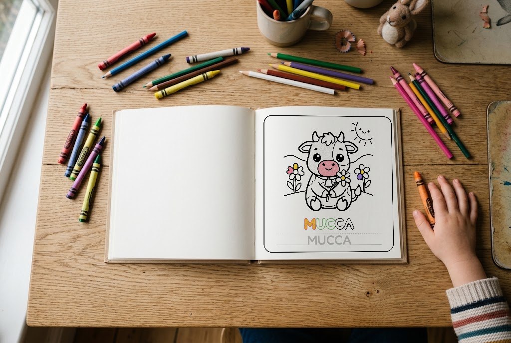 Un libro Woollypip aperto sul tavolo con la pagina della mucca colorata e tanti pastelli