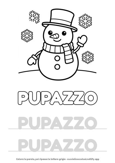 Scheda di pregrafismo: pupazzo di neve e parola PUPAZZO da ripassare